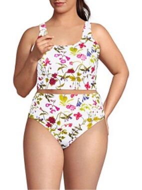 Lands' End White Floral Two-Piece High-Waist Bikini Plus Size